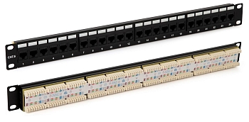 PP3-19-24-8P8C-C6-110D Патч-панель 19", 1U, 24 порта RJ-45, категория 6, Dual IDC, ROHS, цвет черный (задний кабельный организатор в комплекте) Hyperl