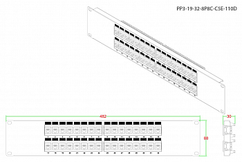 PP3-19-32-8P8C-C5E-110D Патч-панель 19", 2U, 32 порта RJ-45, категория 5e, Dual IDC, ROHS, цвет черный Hyperline